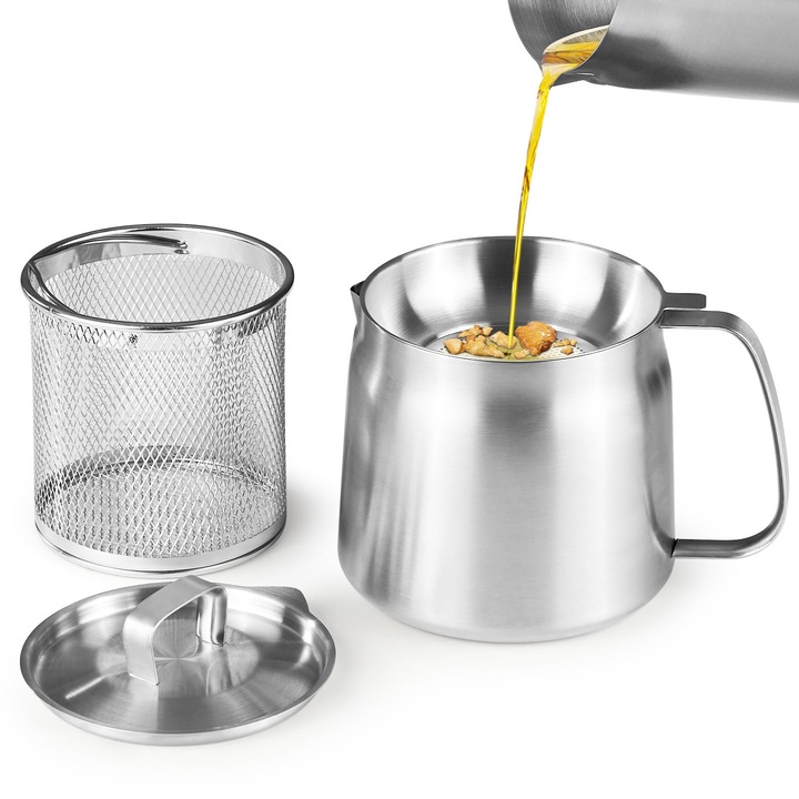 Recipient de ulei din otel inoxidabil 1.5L, OVERTANG, recipient pentru filtrarea uleiului cu sita, capac, pentru bucatarie, rezistent la masina de spalat vase