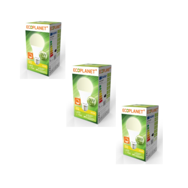 Set 3 bucati Bec Led Dimabil A60 175-265V E27 855LM IP20 – Ecoplanet 9W 3000K
