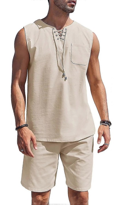 Комплект плажно облекло за мъже, потник с V-образно деколте и съответстващи шорти, 2 части, бежов, ленен, 3XL INTL