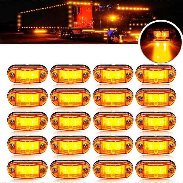 20 darab Ovális LED jelzőlámpa utánfutóhoz, 12V-24V, Borostyánsárga