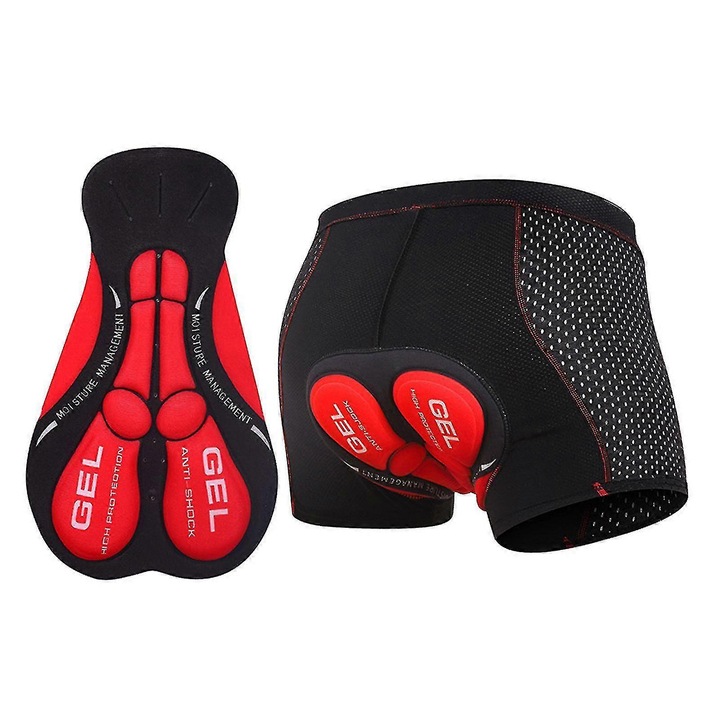 Pantaloni scurti de ciclism barbati, cu gel 5D, respirabili, negru/rosu, poliester si spandex