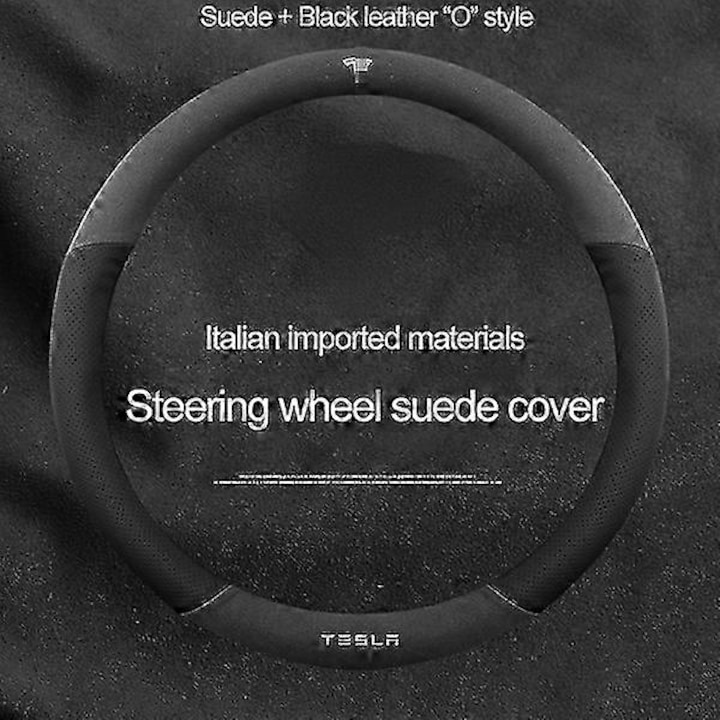 Husa volan din suede pentru Tesla Model 3 Y X S, 36-38 cm, gri/negru/rosu, usor de instalat, set 1 bucata