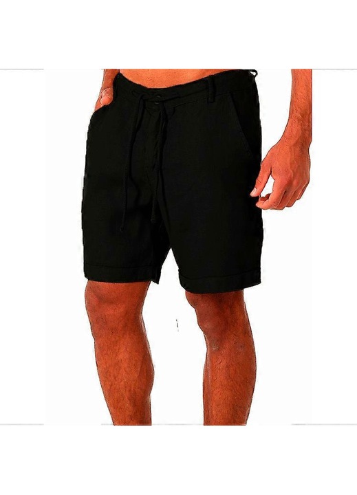 Pantaloni scurti barbati, negru, bumbac si in, design simplu, lungime genunchi, XL INTL