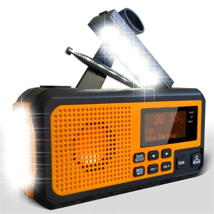 Radio de urgenta cu manivela, 5000mAh, alarma, antena telescopica, 15.3x4.7x7.7cm, negru