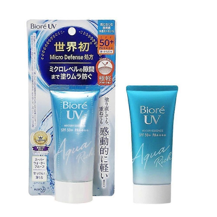 Crema de protectie solara Biore Aqua Rich Watery Essence SPF50+ PA++++, 2 bucati, fara urme albe, rezistenta la apa