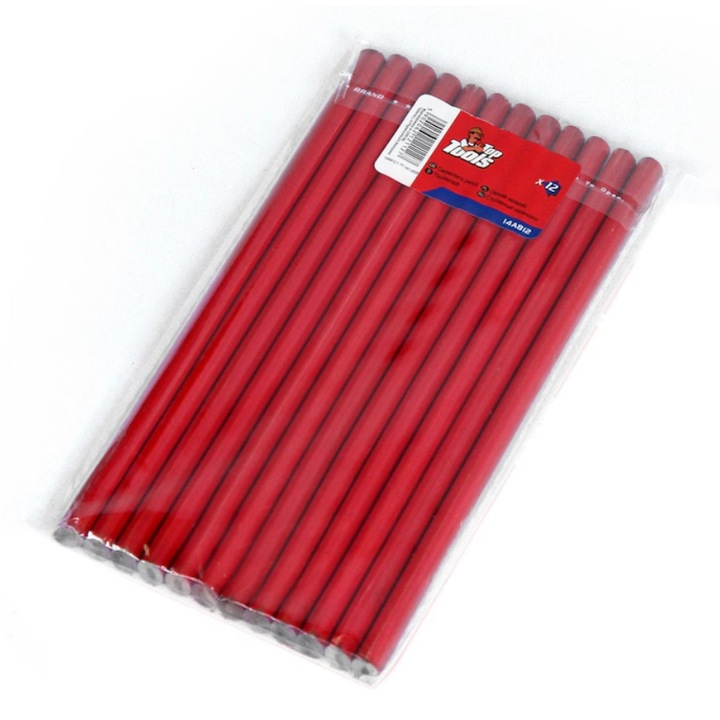 Set Creioane Tamplarie, 12 Bucati, Pentru Marcare Lemn, Zidarie, Metal, Creioane Dreptunghiulare, Rosii, Rezistente