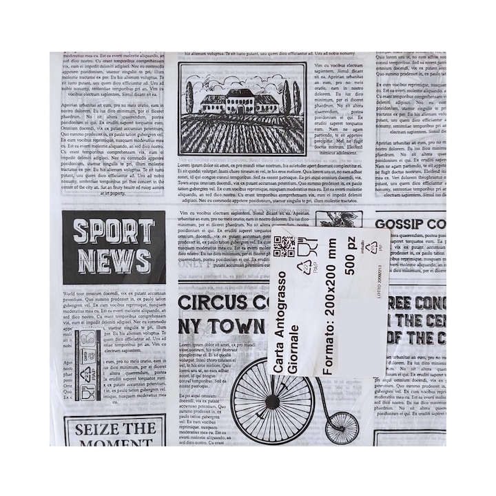 Hartie ambalare alimente rezistenta la grasimi, alba, print ziar, 40g, 500 coli/pachet, Neste®, 20 x 20 cm