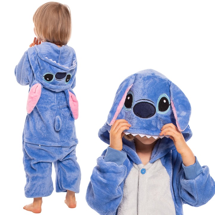 Pijamale copii Nikcorp Kigurumi model Stitch, albastru, gluga cu urechi, poliester