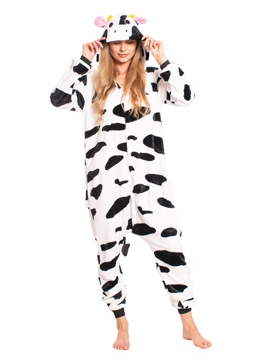 Pijama dama, Kigurumi Model vaca, poliester, alb-negru