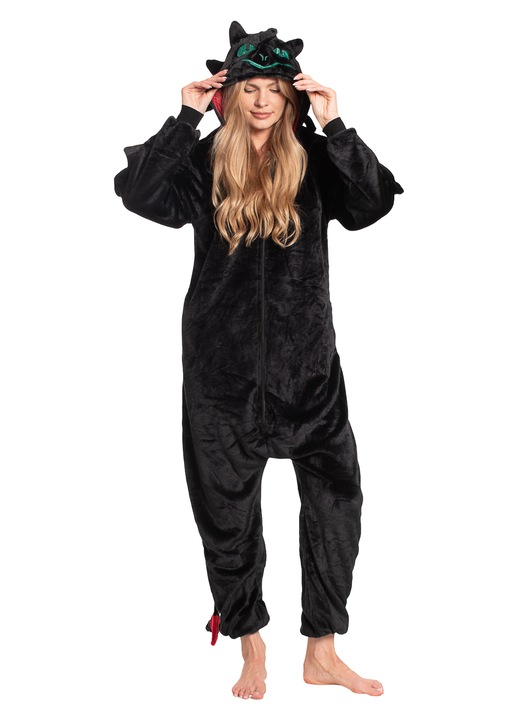 Pijama dama Kigurumi, Model dragon fara dinti, poliester, negru, material moale, croiala lejera