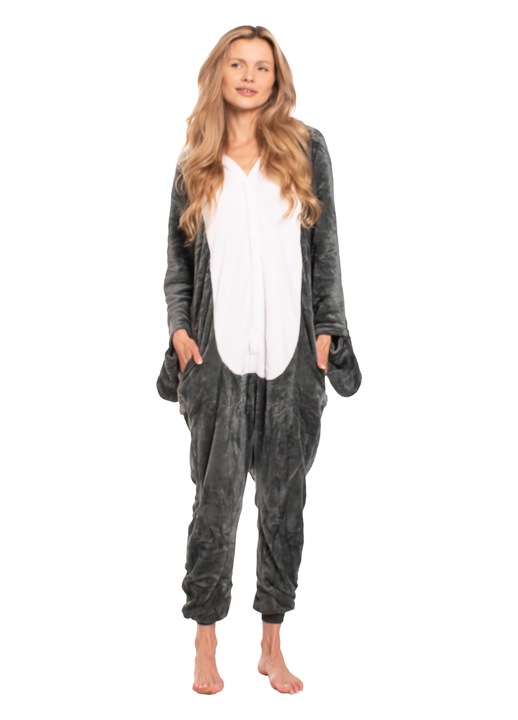 Pijama dama Kigurumi, dintr-o singura bucata, poliester, cu imprimeu de rechin gri,
