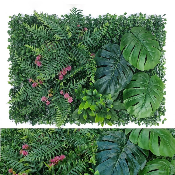 Panou Decorativ dn flori artificiale, Frunze Verzi, 40x60 cm, Verde inchis/Fucsia