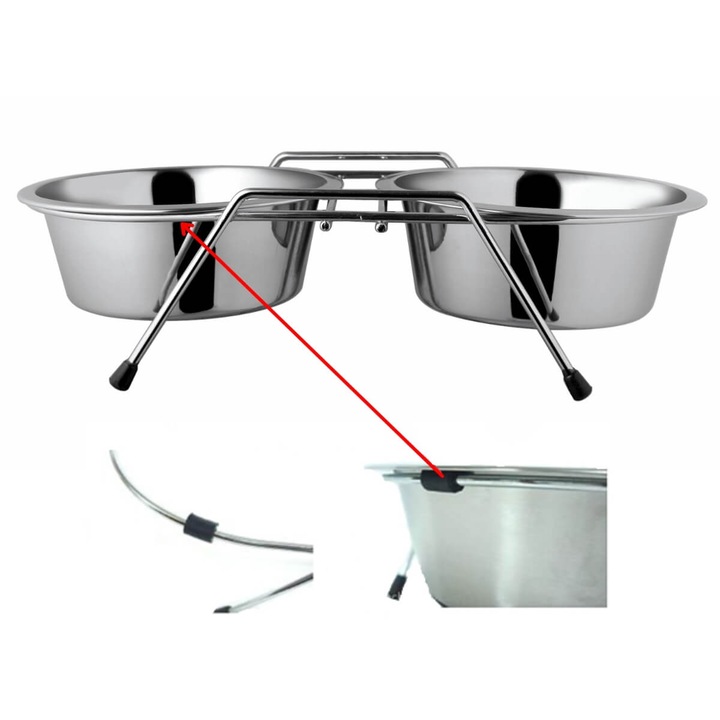 Set 2 castroane cu suport pentru caini/pisici, Juko, 2x0.4L, Stand Anti-Derapant, Inox, Argintiu