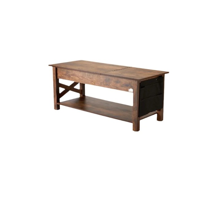 Masă de cafea reglabilă, blat ridicat, compartiment de depozitare ascuns, maro