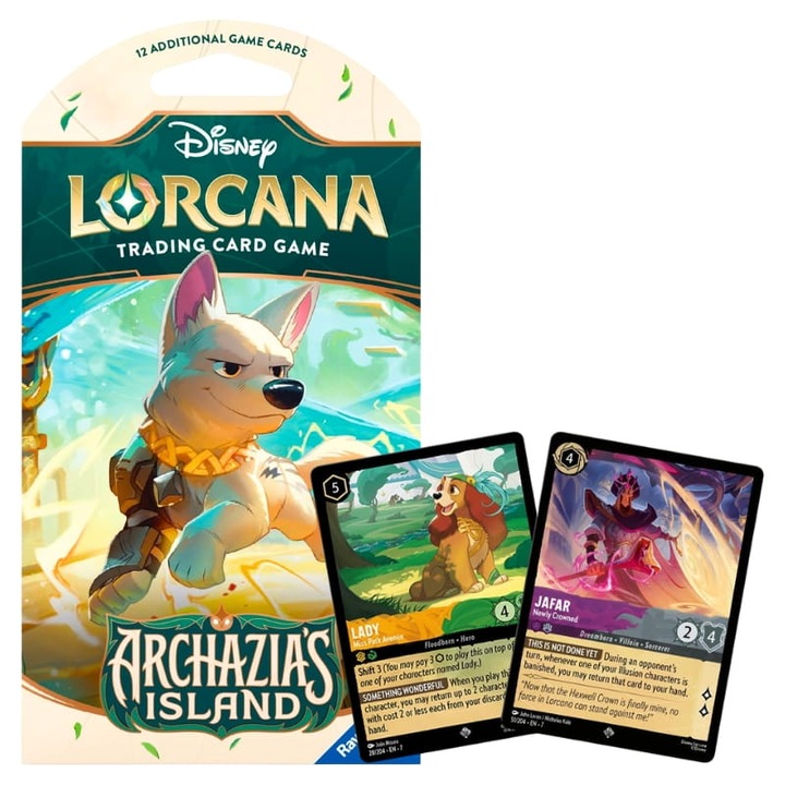 Разширителен комплект Disney Lorcana TCG, Ravensburger, 6 обикновени карти, 3 необичайни карти, 2 редки/супер редки/легендарни карти, 1 фолио карта, 10 x 10.5 см, многоцветен