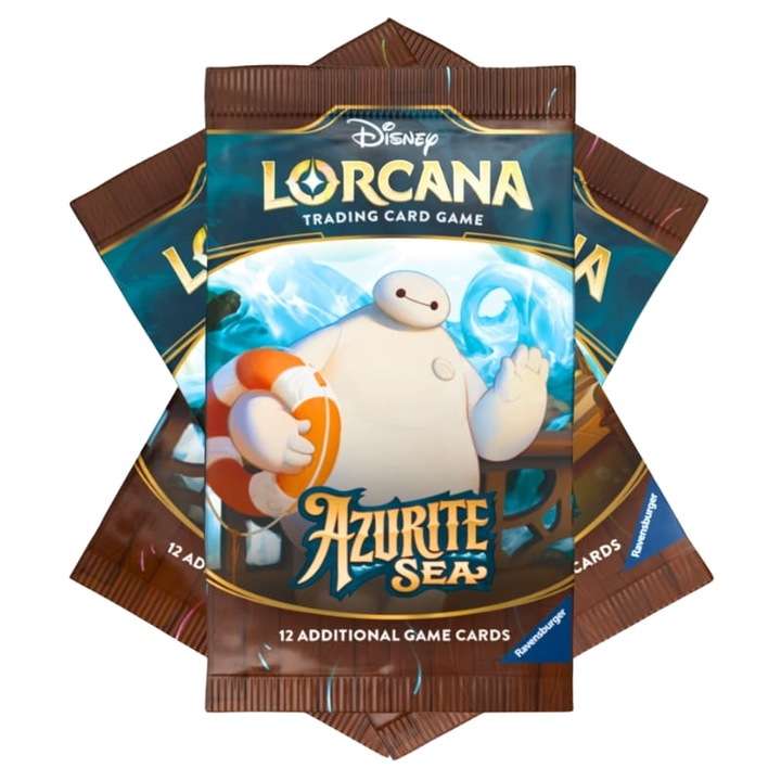 Разширителен пакет за играта Disney Lorcana TCG, Ravensburger, Лазурно море, Възраст 8+, Картонен материал, Съдържание на комплекта: 6 обикновени карти, 3 необичайни карти, 2 редки карти, супер редки или легендарни, 10.5 x 10 см, Многоцветен