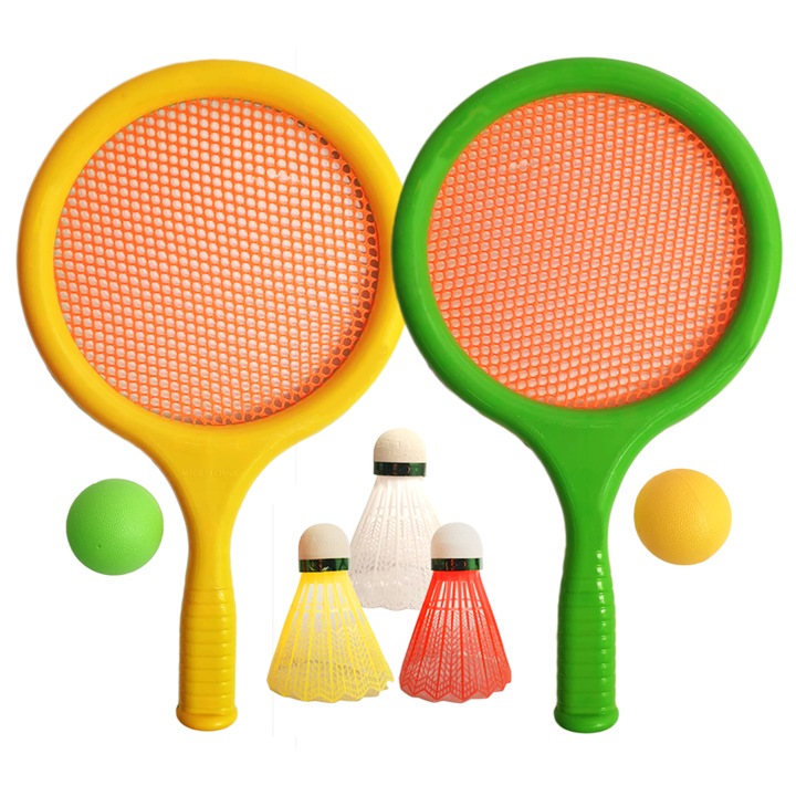 Set rachete de Badminton/Tenis pentru Copii RCO® din ABS cu fata de material elastic perforat, cu accesorii incluse, 7 piese, 37 x 22 x 2 cm, 0.18kg, galben/verde, 3+ ani, WW5513-2/3