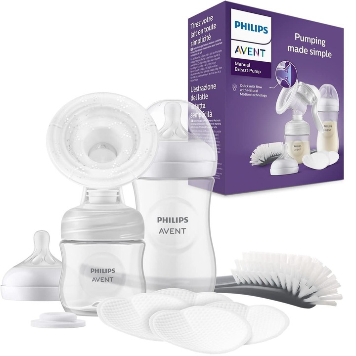 Ръчна помпа за кърма Philips Avent с 2 шишета, ергономичен дизайн, технология Natural Motion, 120 мл и 260 мл