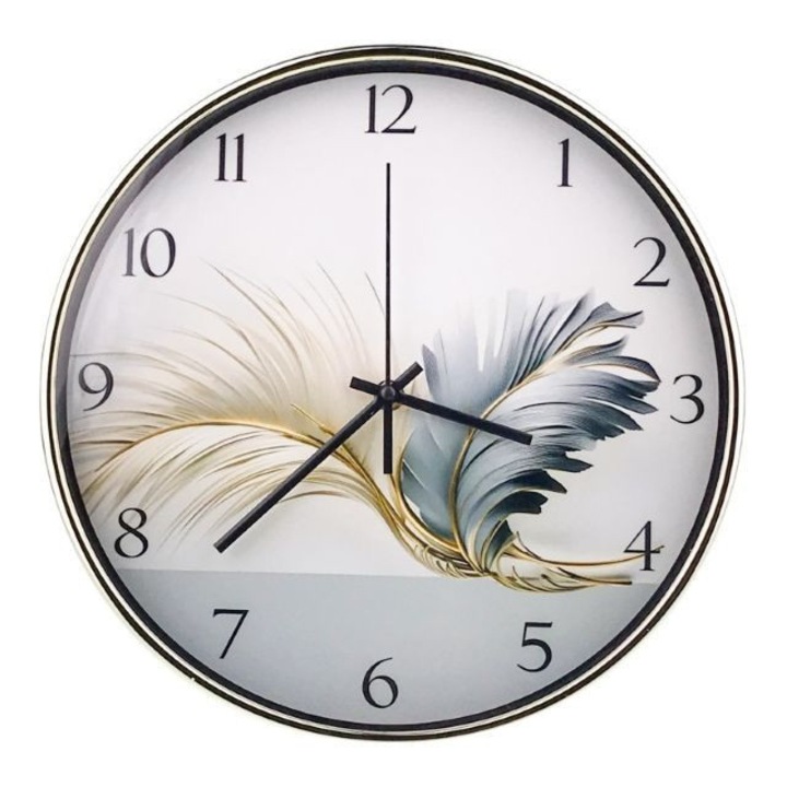 Ceas din plastic, de perete, cu model pene, 30x30 cm