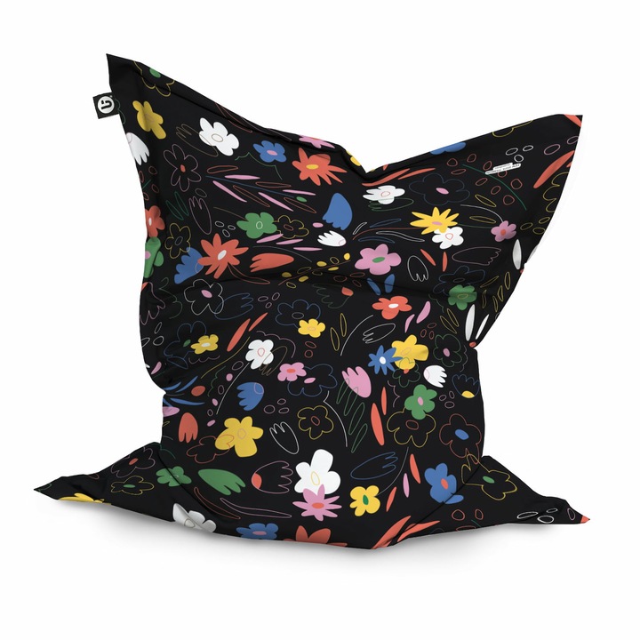 Fotoliu Updeco Puf Bean Bag tip Perna, impermeabil, indoor/outdoor, sac interior, 115 x 150 x 25 cm, Flowers Black