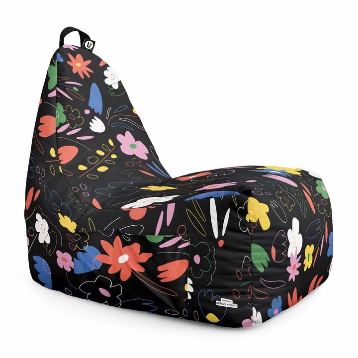 Fotoliu Updeco Puf Bean Bag tip Chill, impermeabil, indoor/outdoor, sac interior, cu maner, 66 x 95 x 75 cm, Flowers Black