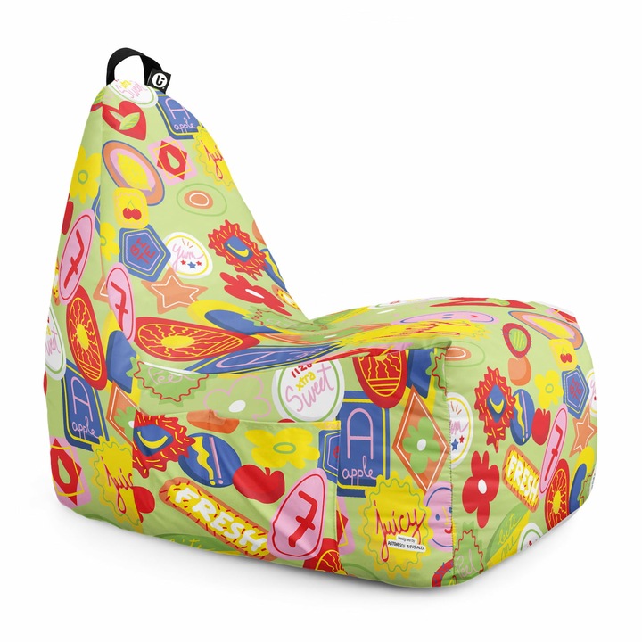 Fotoliu Updeco Puf Bean Bag tip Chill, impermeabil, indoor/outdoor, sac interior, cu maner, 66 x 95 x 75 cm, Stickers Green