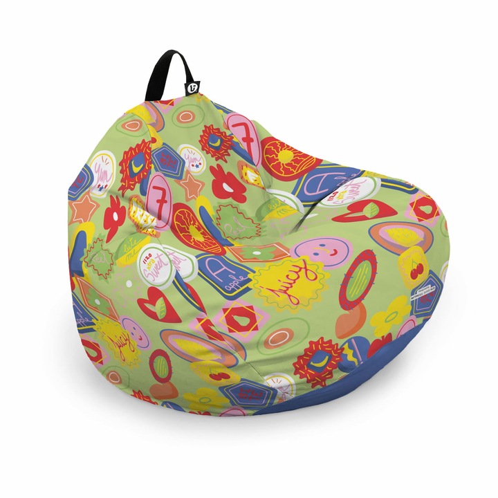 Husa Updeco Puf Beanbag tip Para L impermeabilă, cu maner, 80x80x55cm, Stickers Green