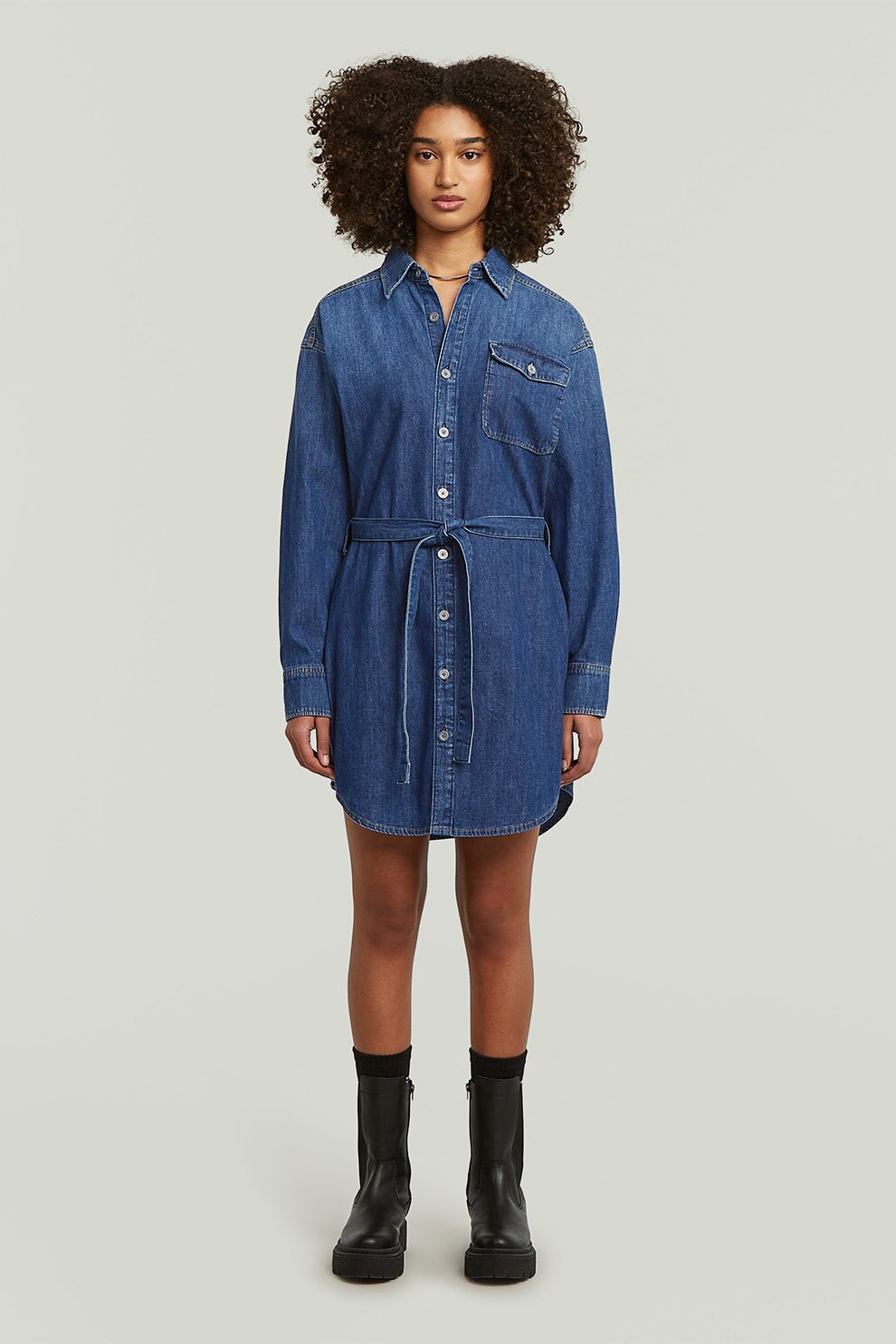 G-STAR, Rochie-camasa mini din denim cu cordon in talie, Albastru inchis, S
