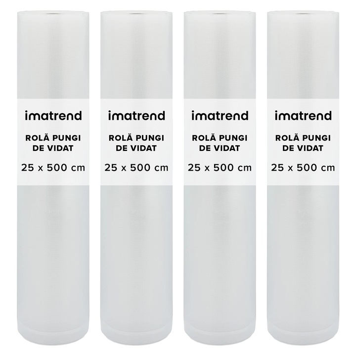 Set 4 Role Pungi De Vidat Gofrate IMA Trend®, 25 x 500 cm, Folie Profesionala, Compatibile Aparate De Vidat Alimente, Reutilizabile, Rezistente, Universal, Transparent