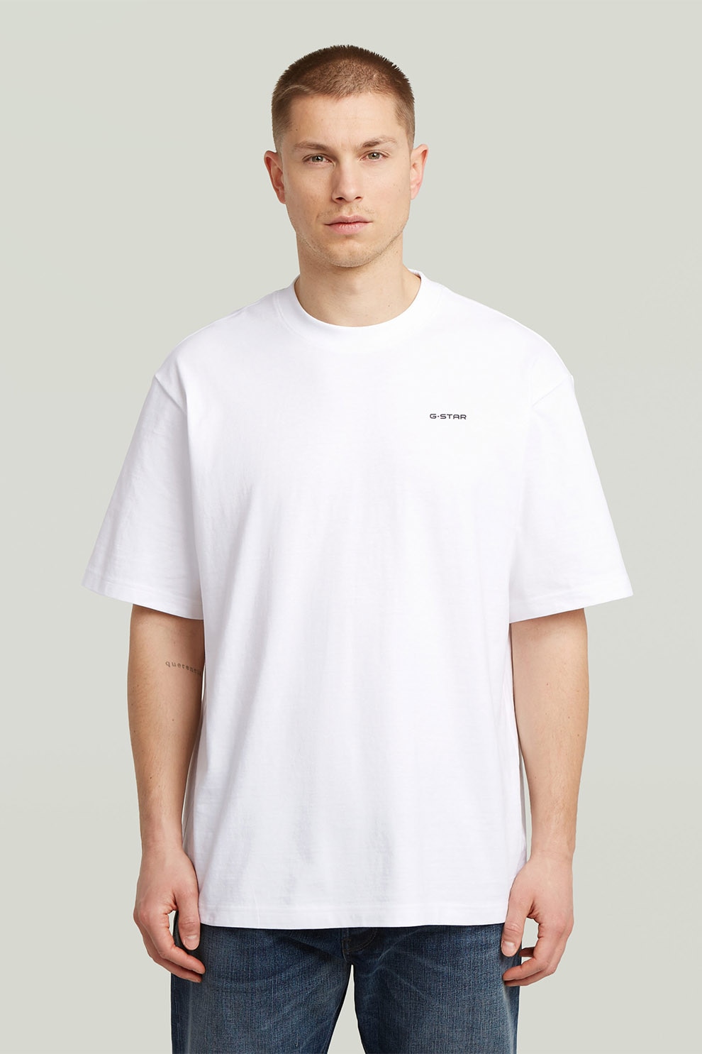 G-STAR, Tricou din amestec de bumbac organic cu logo discret pe piept, Alb optic, S