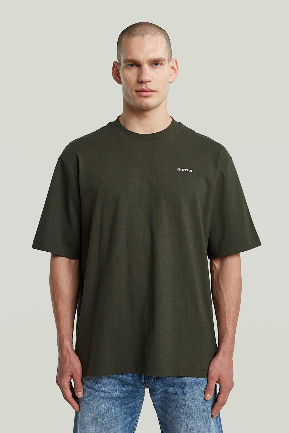 G-STAR, Tricou din amestec de bumbac organic cu logo discret pe piept, verde militar inchis, XL