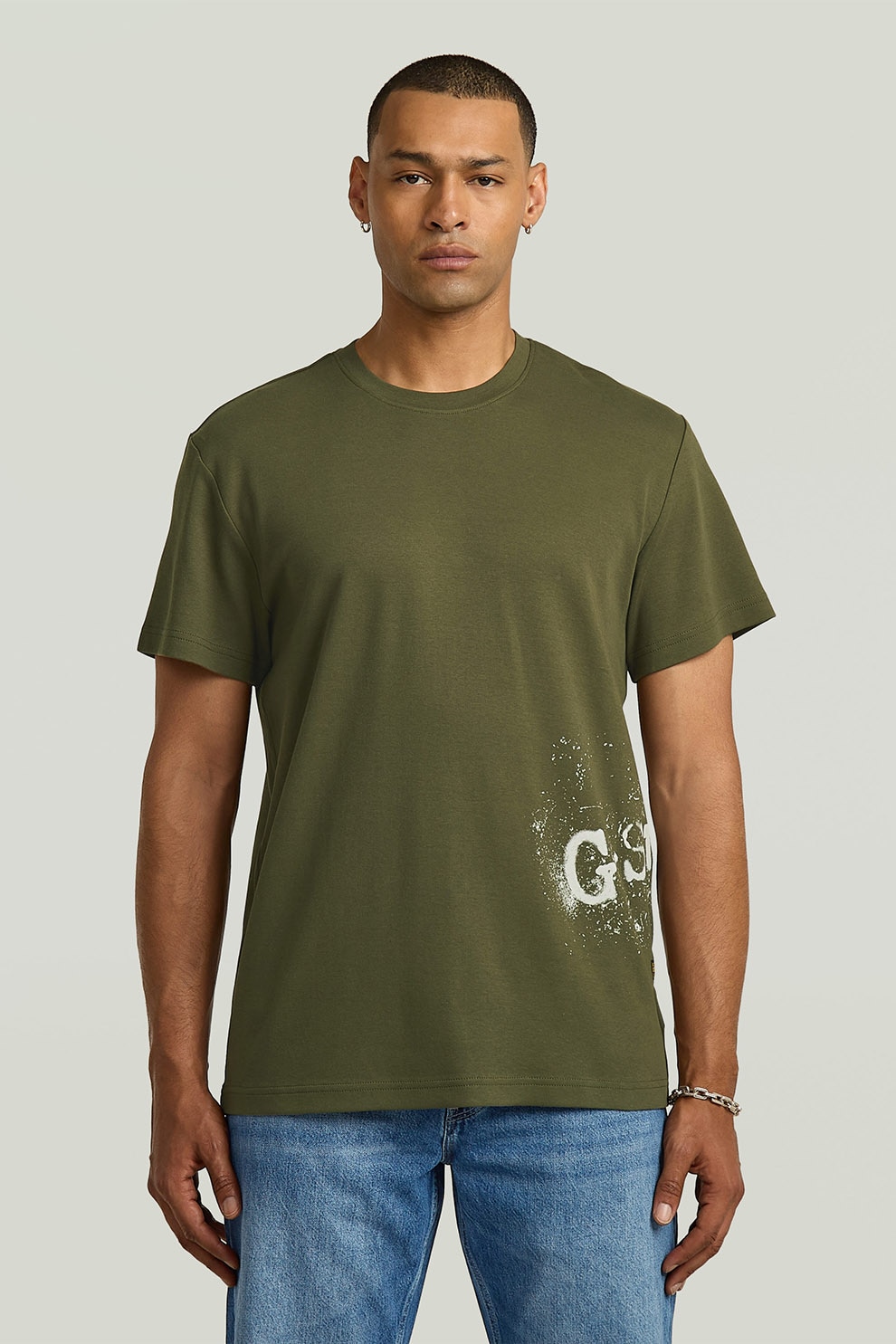 G-STAR, Tricou din bumbac organic cu imprimeu logo, Verde masliniu, M