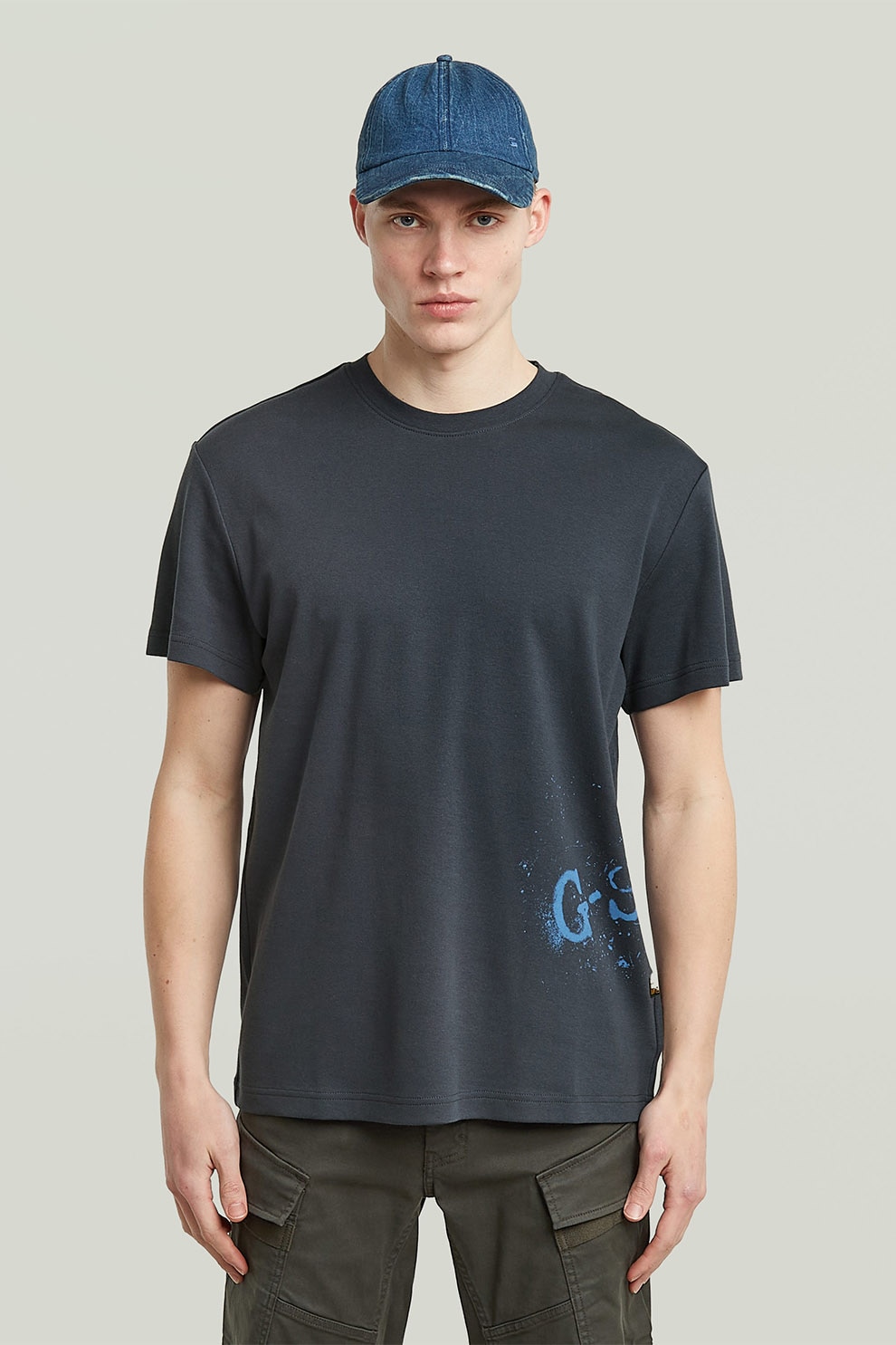 G-STAR, Tricou din bumbac organic cu imprimeu logo, Gri carbune, Albastru royal, XXL