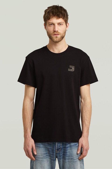 G-STAR, Тениска от органичен памук с овално деколте, Черен/Каки