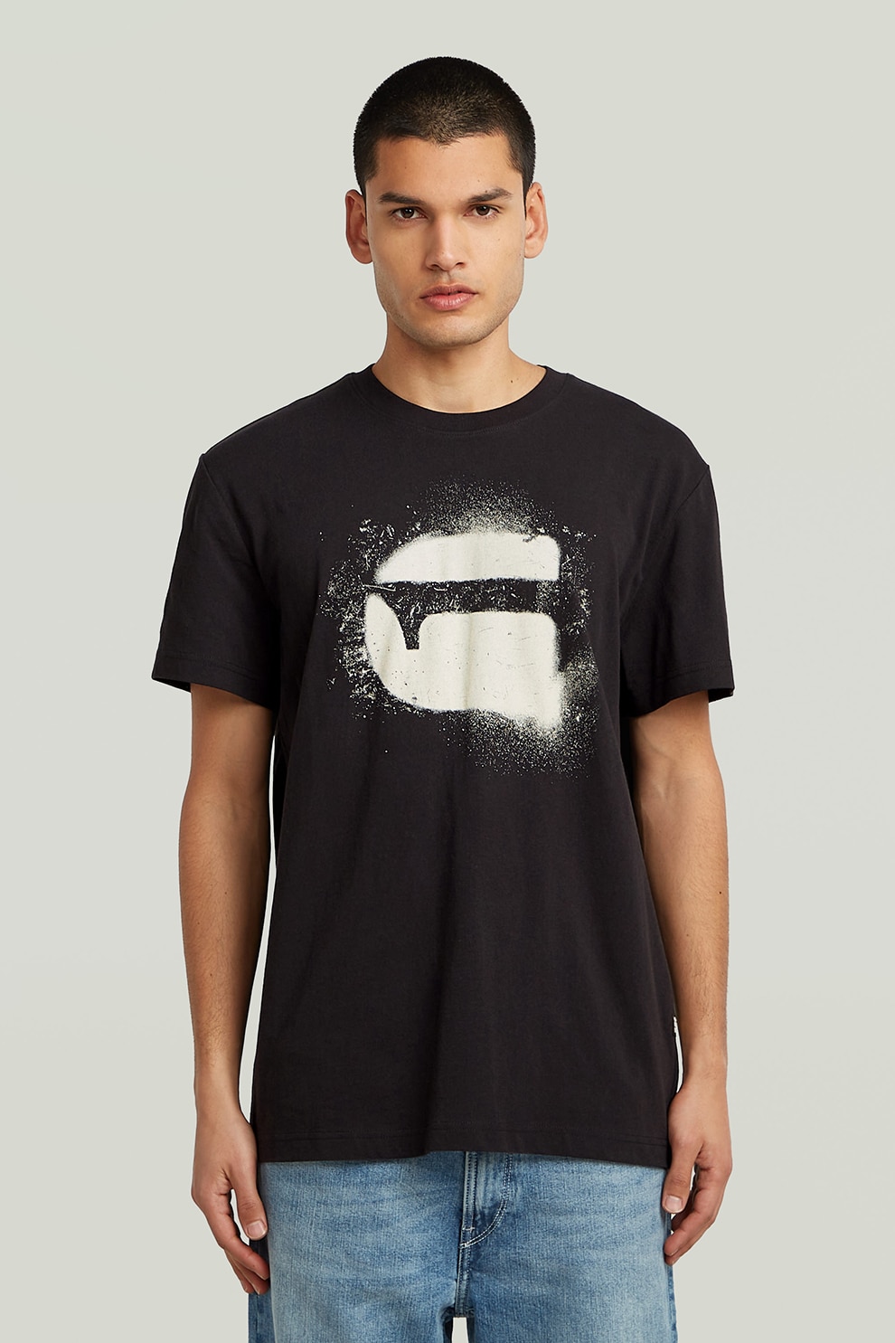 G-STAR, Tricou din bumbac organic, Negru, Alb murdar, M