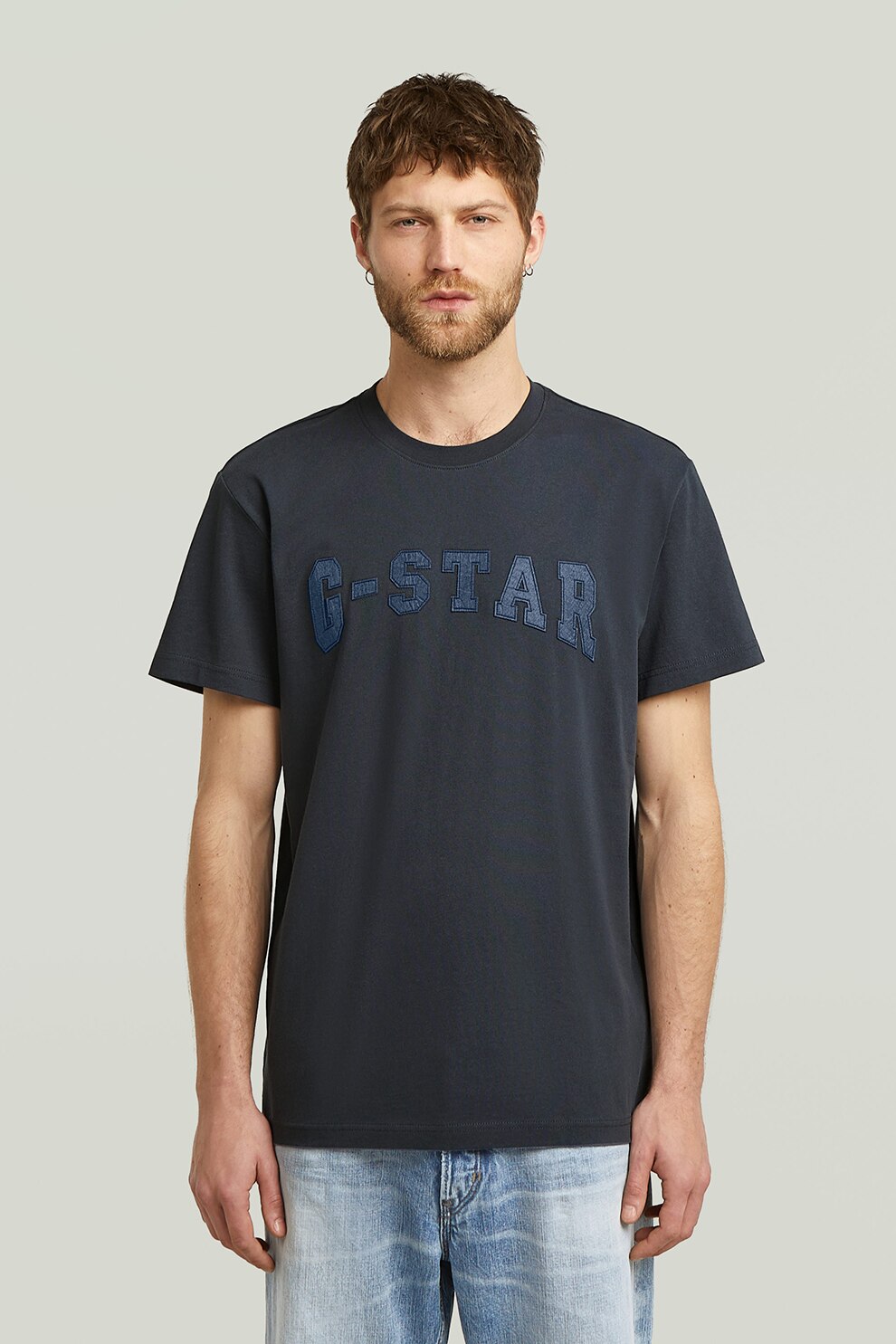 G-STAR, Tricou cu logo si decolteu la baza gatului, Albastru inchis, Bleumarin, L