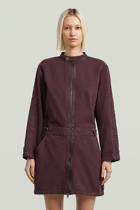 G-STAR, Rochie din denim cu fermoar si maneci lungi, Visiniu