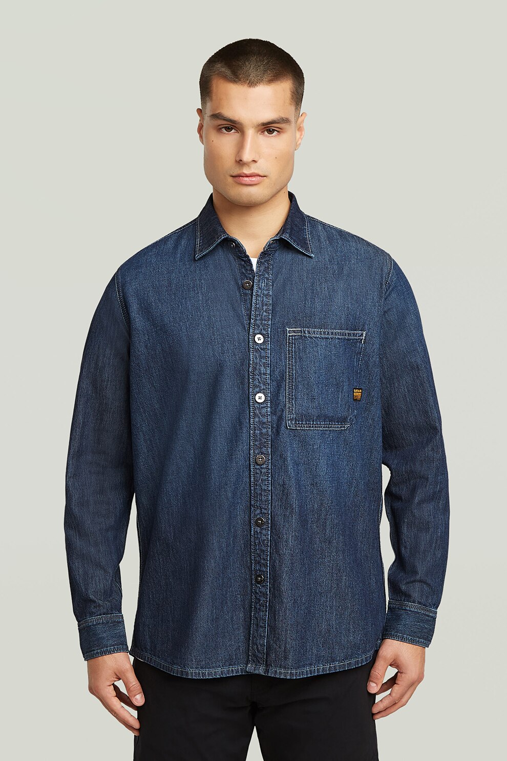 G-STAR, Camasa din denim cu buzunar pe piept, Bleumarin, L