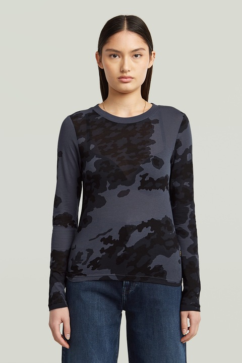 G-STAR, Bluza slim fit din bumbac organic, Gri deschis/Albastru inchis