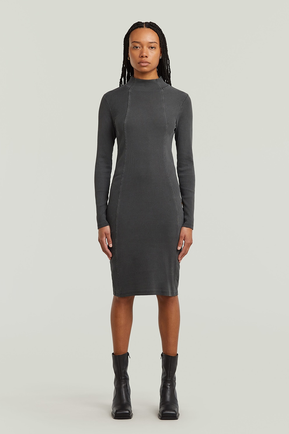 G-STAR, Rochie cu croiala bodycon din amestec de bumbac organic, Gri inchis, S