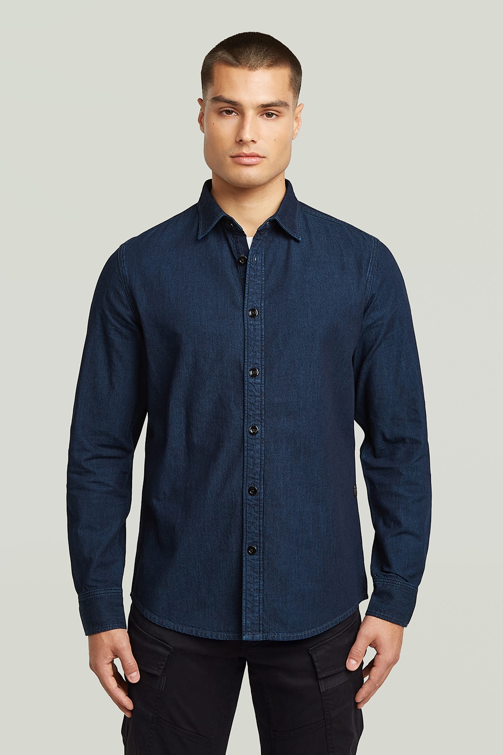 G-STAR, Camasa slim fit din denim, Albastru inchis, M
