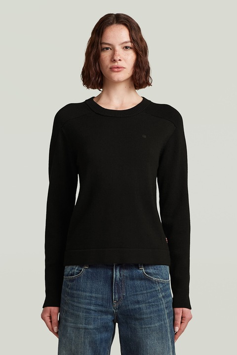 G-STAR, Pulover tricotat din lana cu model uni si guler rotund, Negru