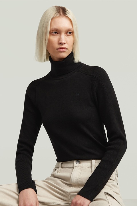 G-STAR, Pulover slim fit din lana cu guler inalt, Negru