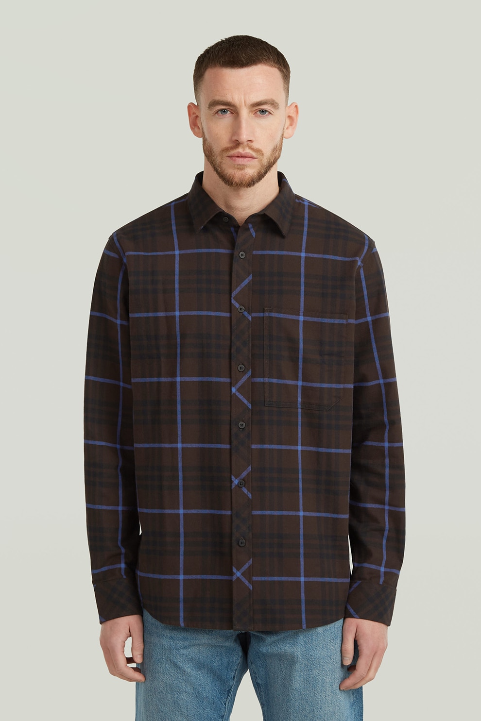 G-STAR, Camasa din amestec de bumbac cu model in carouri, Visiniu, Negru, Albastru lavanda, XL