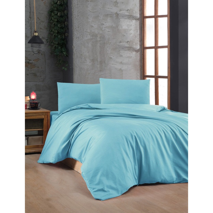 Paplanhuzat-szett/2 párnahuzat SZÍNES PAMUT, pamut, 200x200cm/60x60cm, türkiz