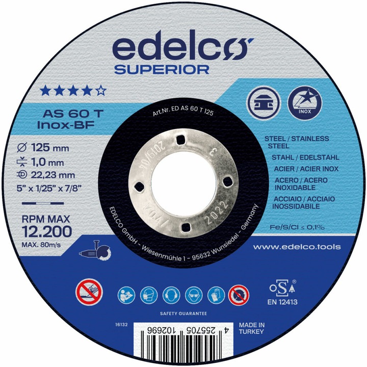 Disc flex, drept, dimensiuni 125x1x22.23mm, pt debitat metal, otel inoxidabil, EDELCO EDAS60T125