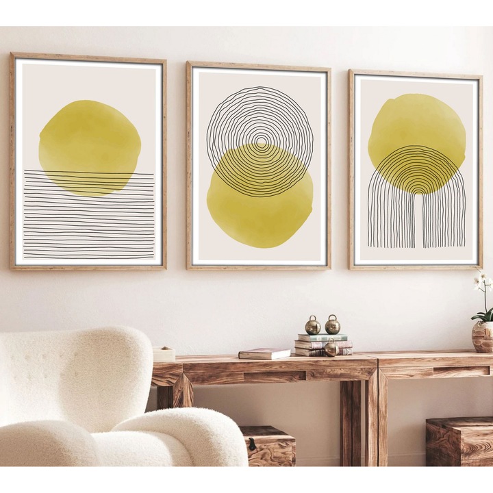 Dekoratív festmény tömörfa keretben, 3 darabos szett, Wallity, 50x70cm