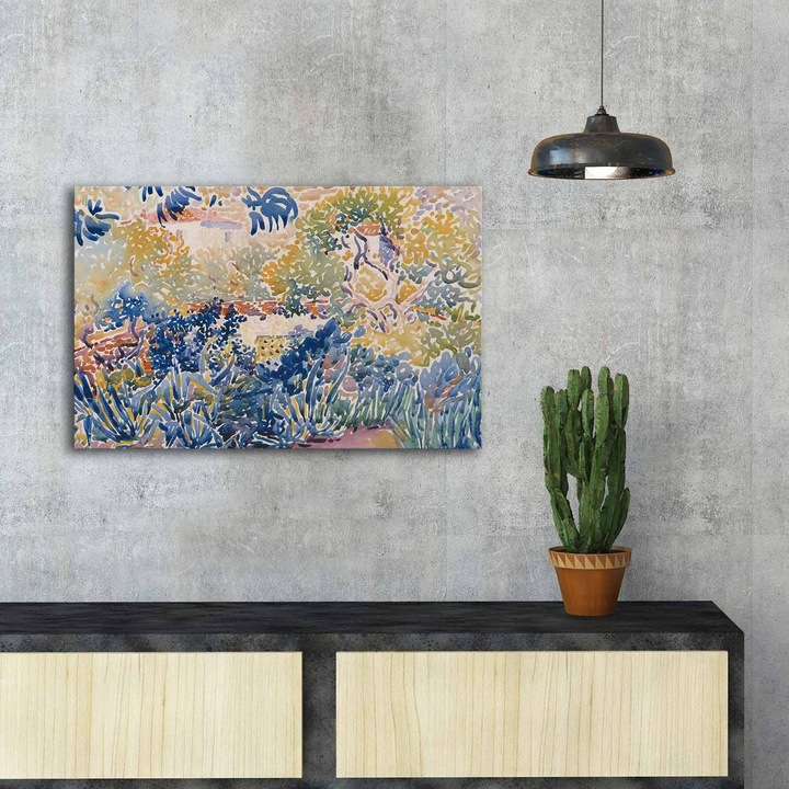 Dekoratív festmény, Henri-Edmond Cross, A művész kertje Saint-Clair-ben, 45x70cm, 100% velúr vászon, 100% fa keret