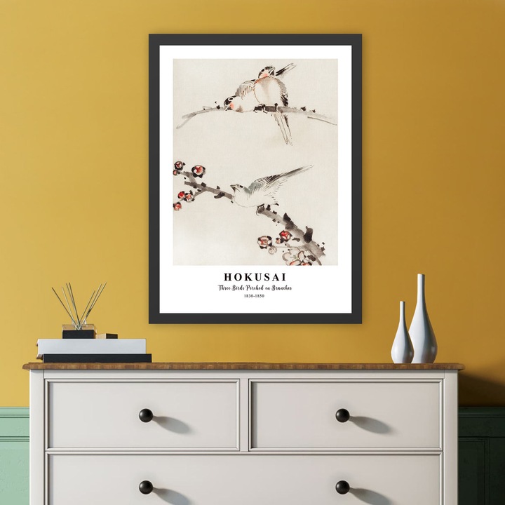 Keretezett díszfestmény, Wallity, három madár ágakon, 55x75cm