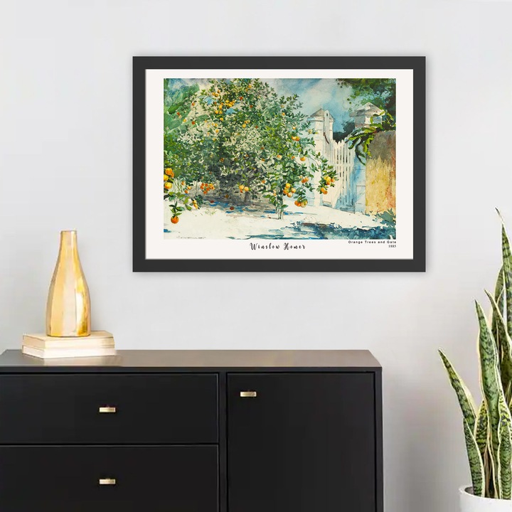 Keretezett díszfestmény, Winslow Homer, narancsfák és kapu, 55x75cm